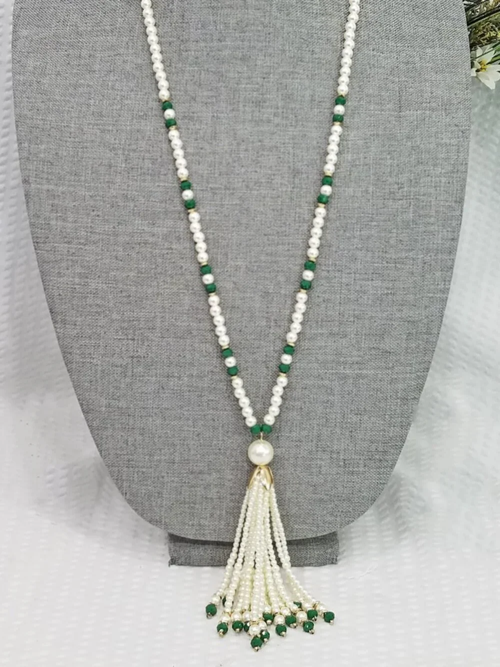 Pearl and Green Bead Tassel Necklace - Elegant Women’s Jewelry
